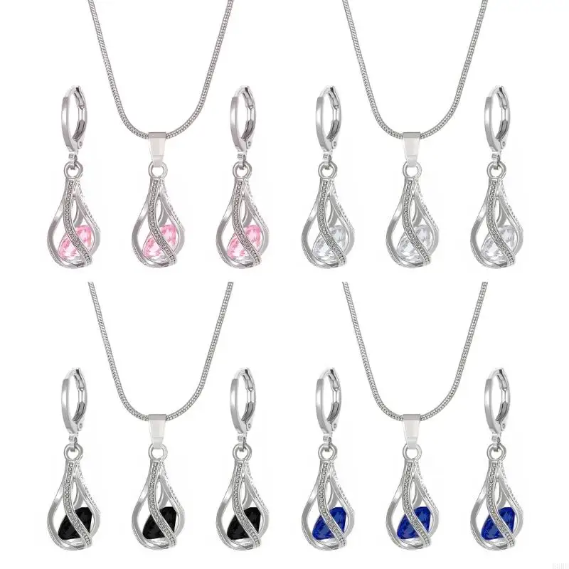 E0BE Stylish Crystal and Zirconia Earrings Necklace Jewelry Set for Formal Occasions