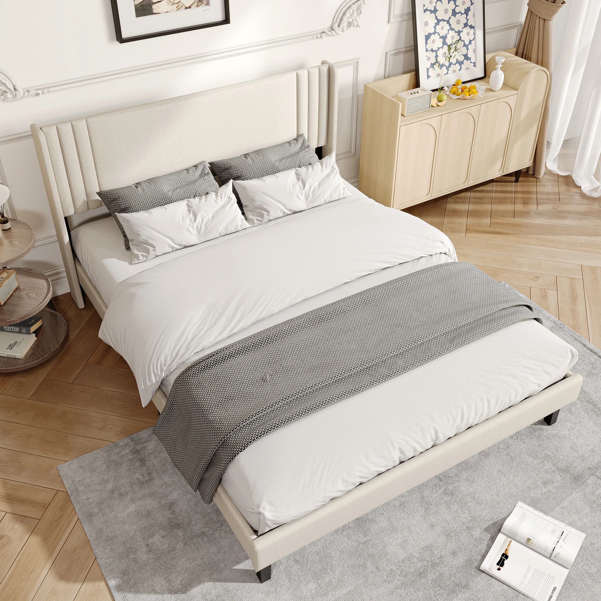 Cama Doble Comanlai 90/140/160×200Cm, Cama de Día, Cama Individual, Cama Infantil, Cama para Adultos, Estructura de Cama para Adolescentes, Lino, Beige, Gris
