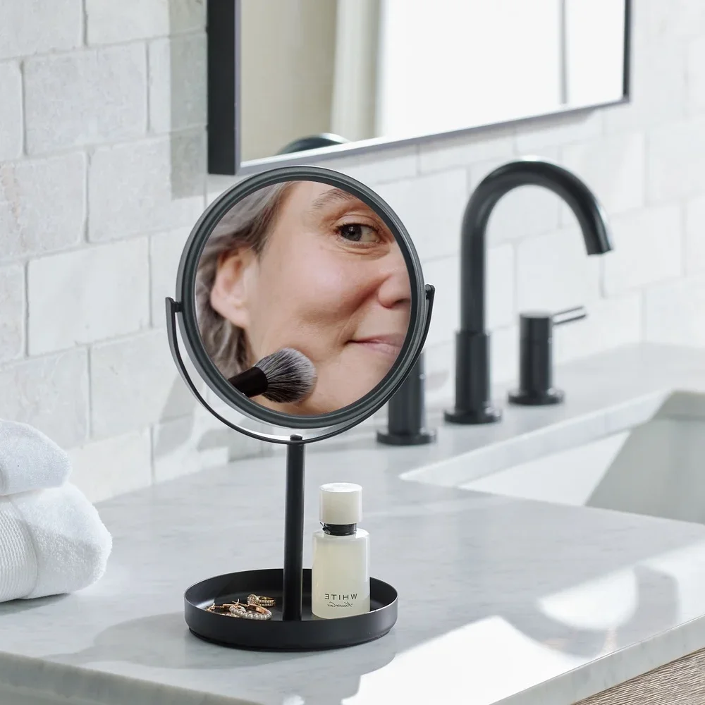 

Dual-Sided Vanity Mirror 360 Degree Swivel Durable Metal Makeup Mirror Freestanding Makeup Tool Tray Stylish Home Decor