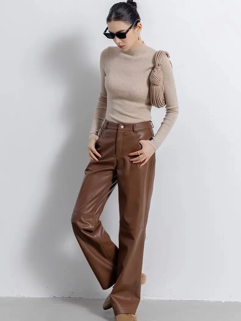 Women's Retro-Style Sheepskin Leather Pants Wide-Leg Straight-Leg Casual Flowing Genuine Leather Trousers