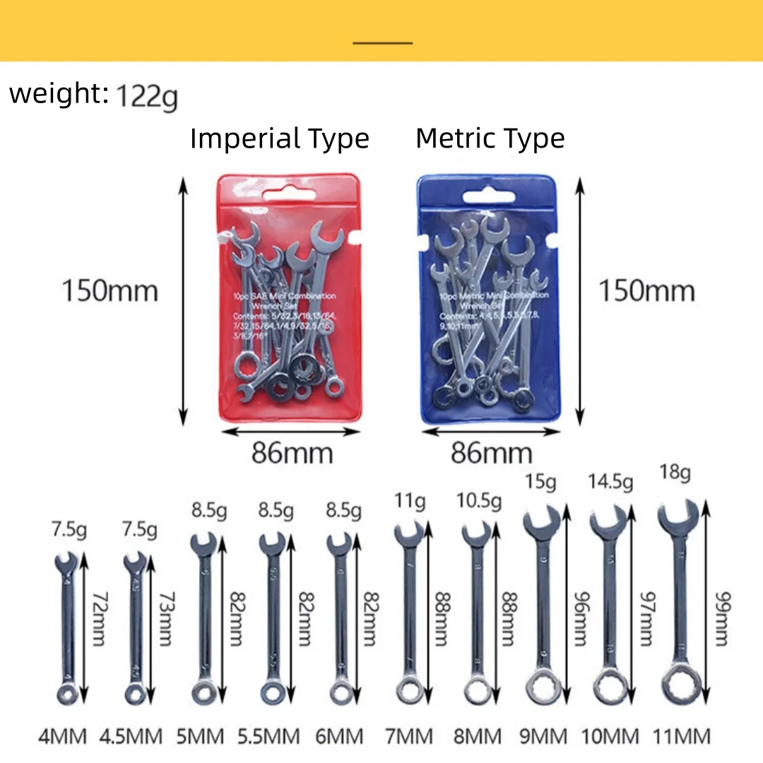 10Pcs Metric/Imperial Mini Open Wrench Plum Combination Wrench Set Pocket Wrench Tools Set Mechanical Workshop Tools
