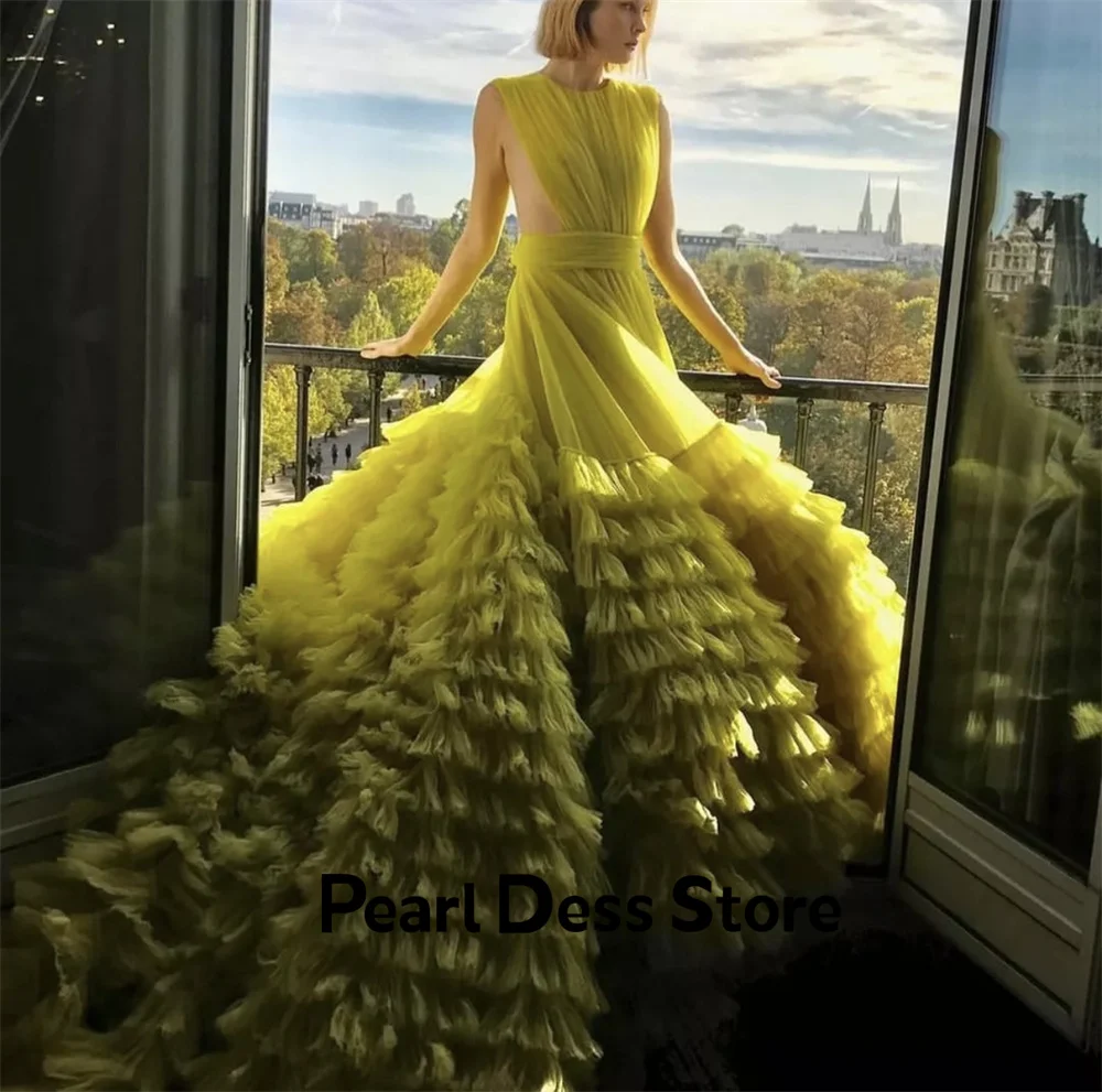 Luxury Handmade Tulle Prom Dress Vestidos De Noche Gorgeous Trail Multi layered Evening Dress Yellow Party Dress