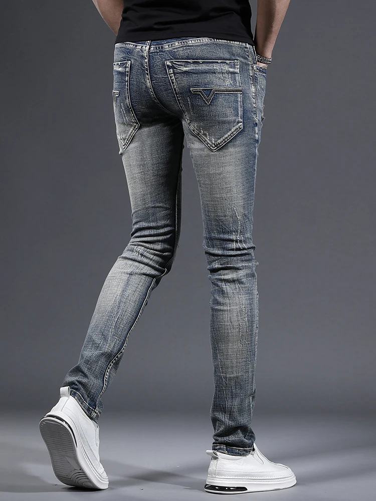 Retro Amerikaanse Blue Hole Herenjeans Jeugd Slim Fit Lente Nieuwe Sle Katoen Polyester Blend Elastische Vezel Ritssluiting