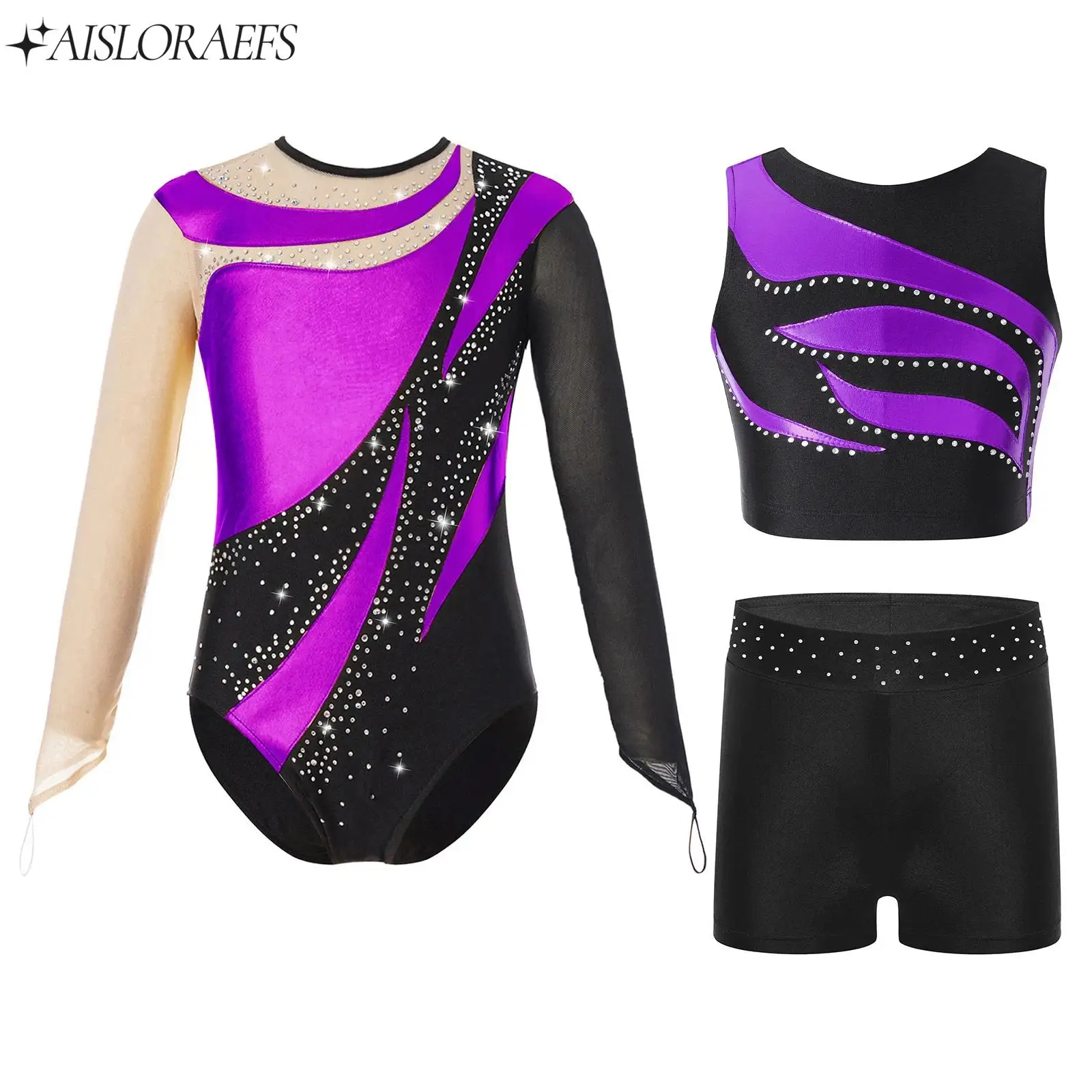 

Kids Girls Gymnastics Ballet Dance Outfit Three Piece Dancewear Sets Long Sleeve Athletic Figure Skating Leotard+Top+Shorts Set