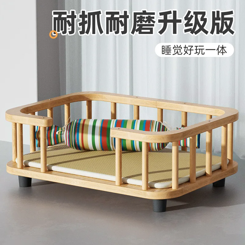 Solid wood cat bed Kennel camp bed Ground fence Pet cat bed Thickened removable and washable large dog kennel pad Dog