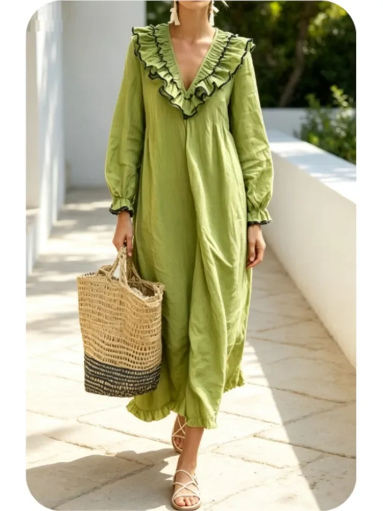 Damen Maxikleid mit grünem Rüschen-V-Ausschnitt und langen Ärmeln, Bohemian, lockeres langes Kleid, Urlaub, Strand, lässig, Damen-Midikleider, Mode, Neu