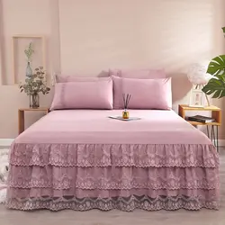 Falda de cama con volantes de encaje, conjunto de 3 piezas, Funda de colchón antideslizante, estilo princesa, funda de cama para dormitorio, 3 piezas