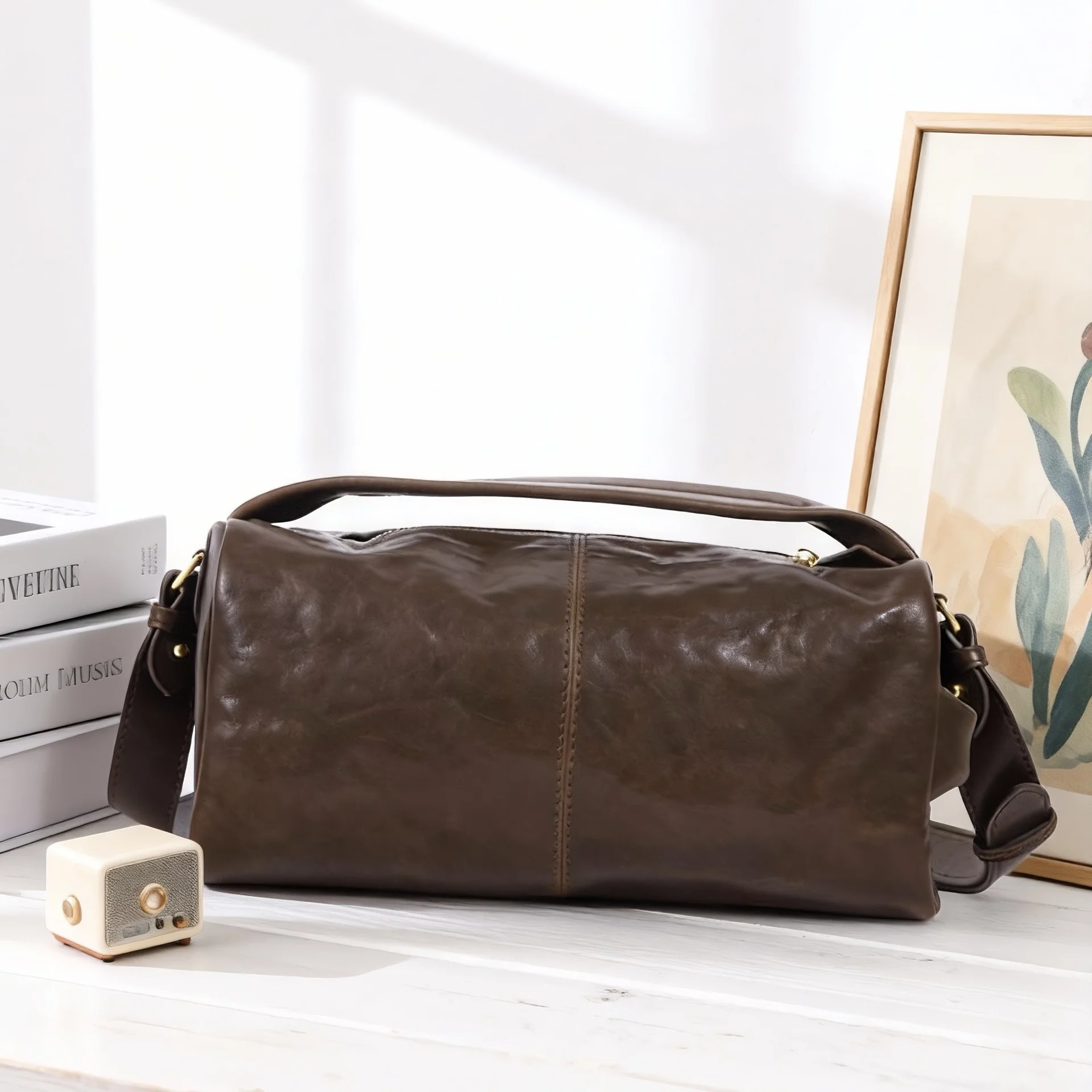 خمر بوسطن وسادة حقيبة الطبقة العليا جلد البقر الخضار المدبوغة الجلود المتشرد حقيبة يد المرأة الفاخرة واحدة الكتف حقيبة كروسبودي