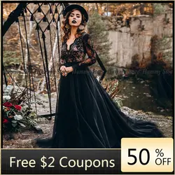 A Line Gothic Wedding Dresses Long Sleeves V Neck Back Zipper See Through Lace Tulle Robe De Mariee 2022 Black Bridal Gown