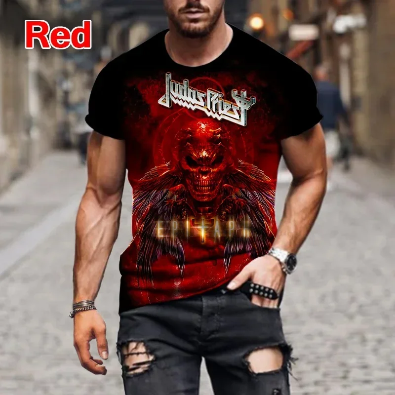 

2024 New Hot 3D Printed Men's Casual Street Trend Fashion Hip Hop Rock Judas Priest Band O Collar Short Sleeve Comfortable Top