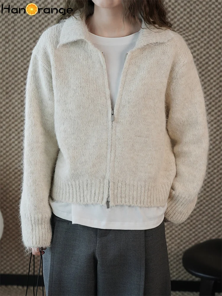 HanOrange 2025 الشتاء الرجعية كسول نمط طوق سستة محبوك رداء علوي من الصوف المرأة لينة الملمس سترة المشمش/رمادي داكن