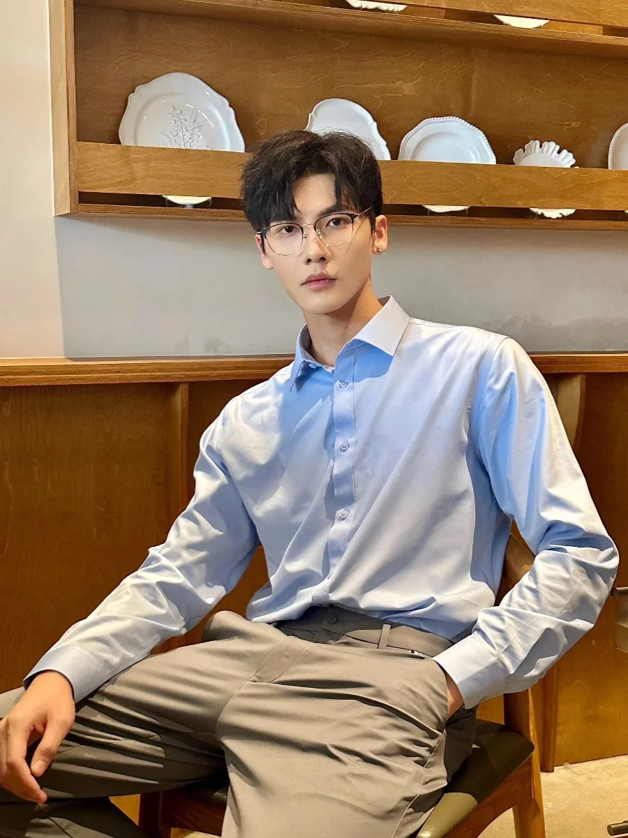 Naples Blue Long Sleeve Shirt Jacket Men's Summer Korean Style Formal Wear Sun Protection High Quality Polyester Fiber
