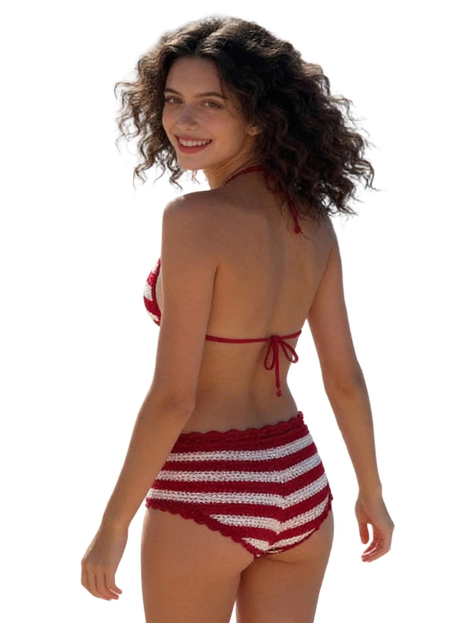 

Женские вязаные купальные костюмы из 2 предметов: топ без рукавов с завязками на шее и стринги с завязками, в полоску, с цветочным принтом.