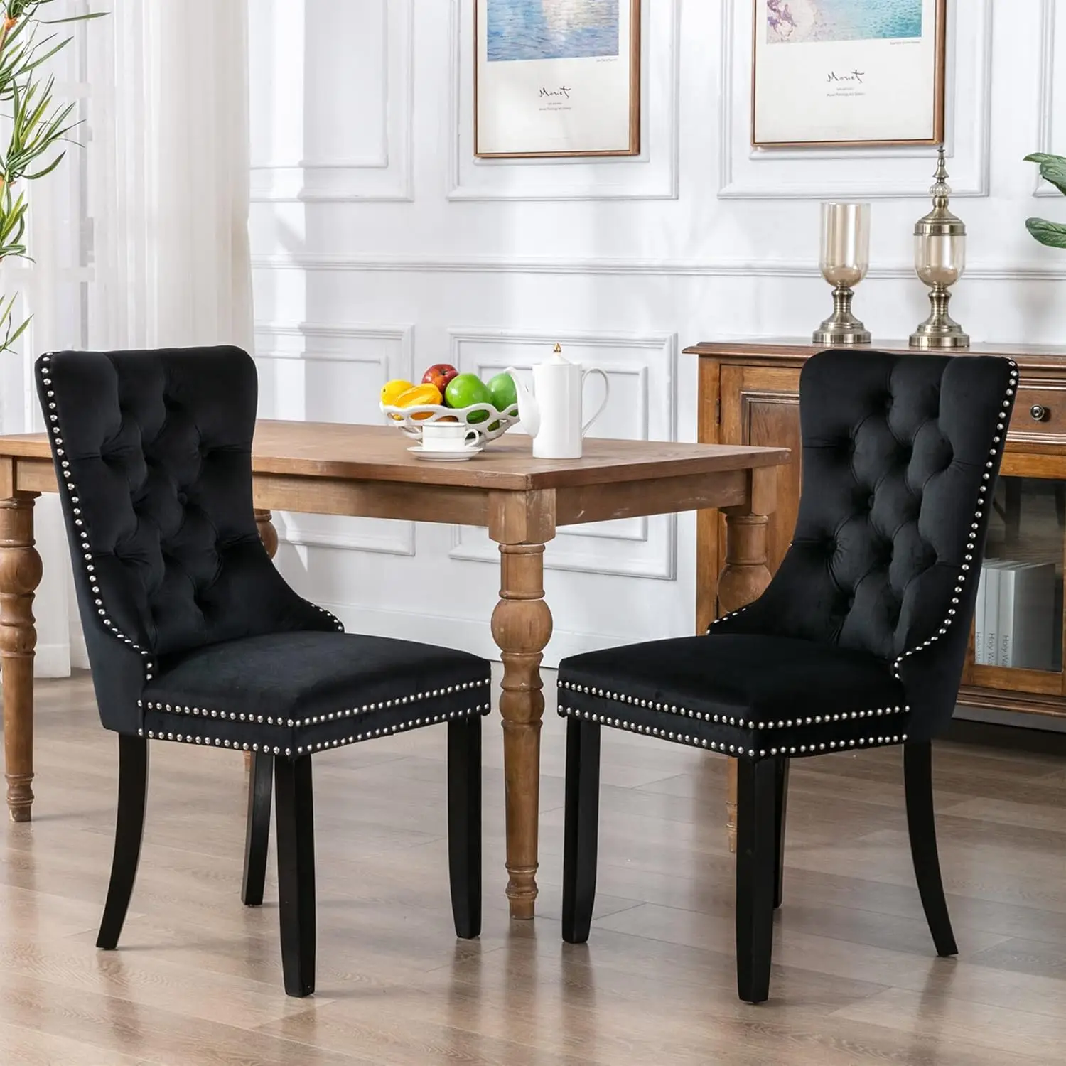 NEW Tufted Set of 2 Black Dining Chairs with Nailhead Back and Ring Pull Trim, Velvet Upholstered Dining Chairs