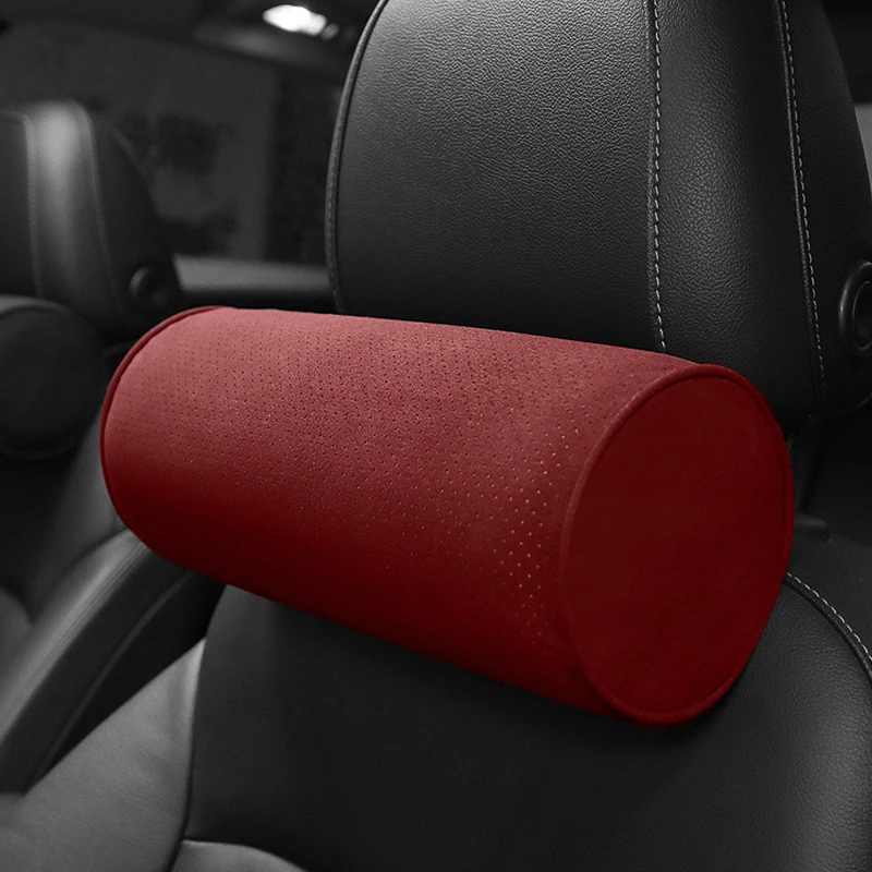 Luxury Suede Memory Foam Car Neck Pillow Genuine Leather Breathable Cervical Round Roll Office Chair Bolster Headrest Cushion