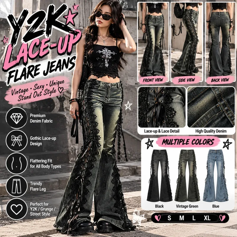 Denim Pants Y2K Gothic Black Lace Up Flare Jeans, Women High Waist Bell Bottoms Split, Hem Streetwear Long Trousers Fashion New