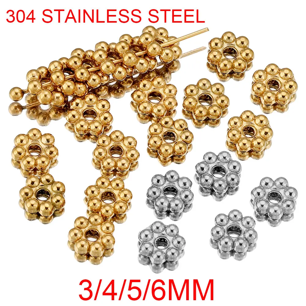 50pcs 4/5/6mm Stainless Steel Flower Spacer Beads Gold Plated Loose Bead Cap for DIY Needlework Costume Jewelry Making Bracelet