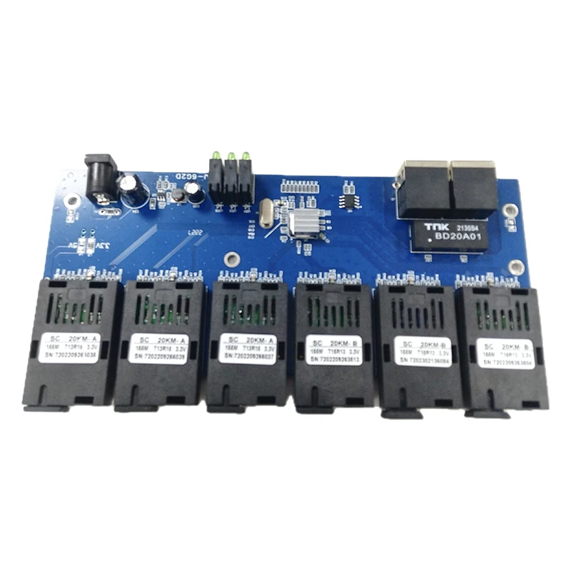 6F2E Fiber switch Ethernet 20KM Media Converter 20KM SC 6 fiber 2 RJ45 10/100MSC PCBA board SC Fast Ethernet Simplex