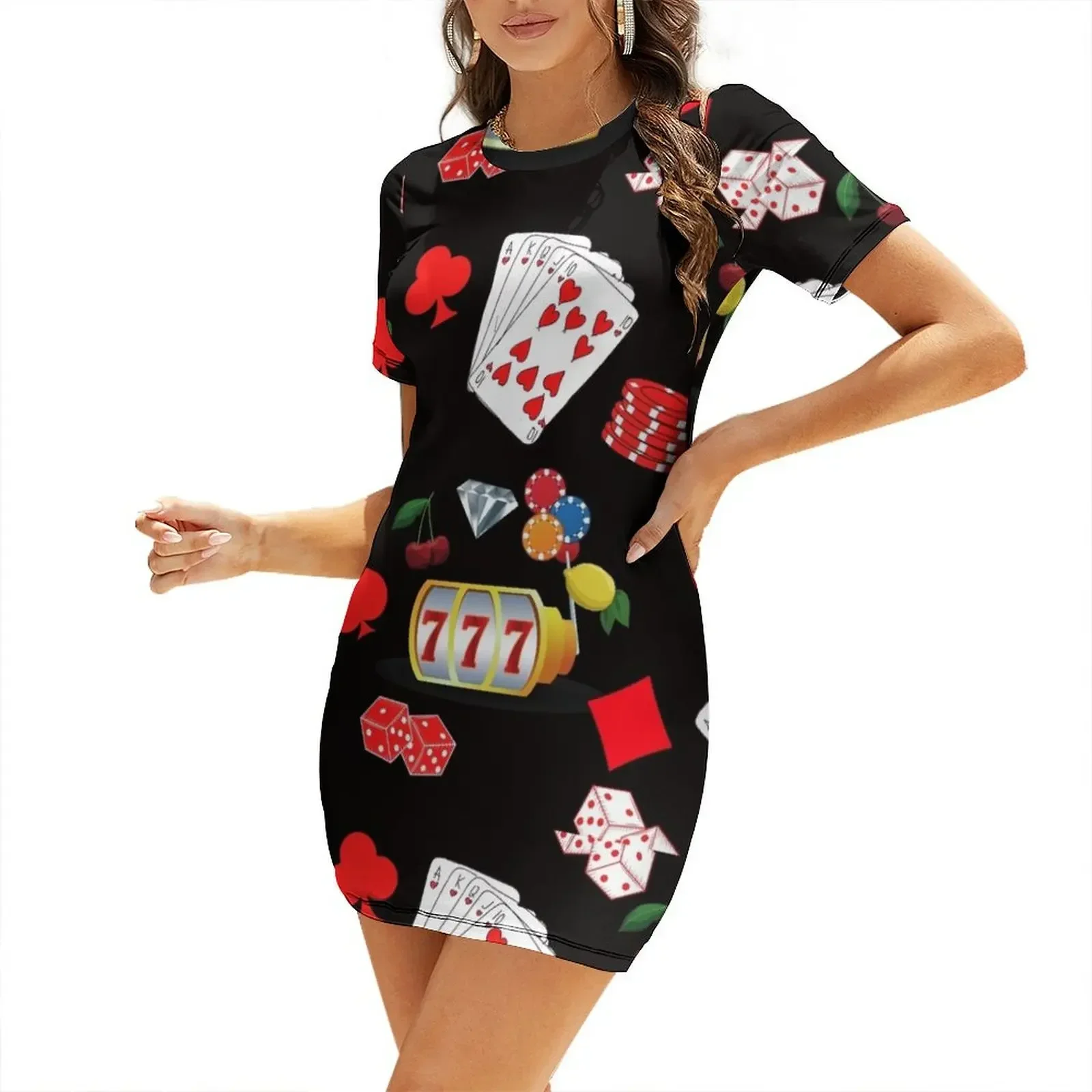 Casino Gambling Poker Pattern Short-Sleeved Dress summer dress daily luxury woman party dress