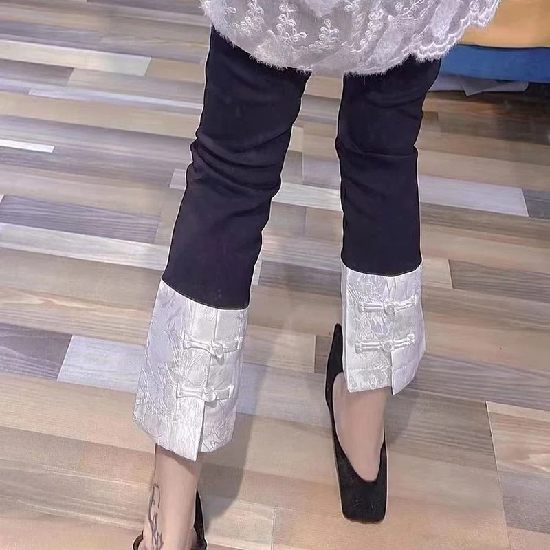 Autumn New Product Fat MM Outerwear Fashionable New Chinese Style Pan Buckle High Elasticity Universal High Waist Pants