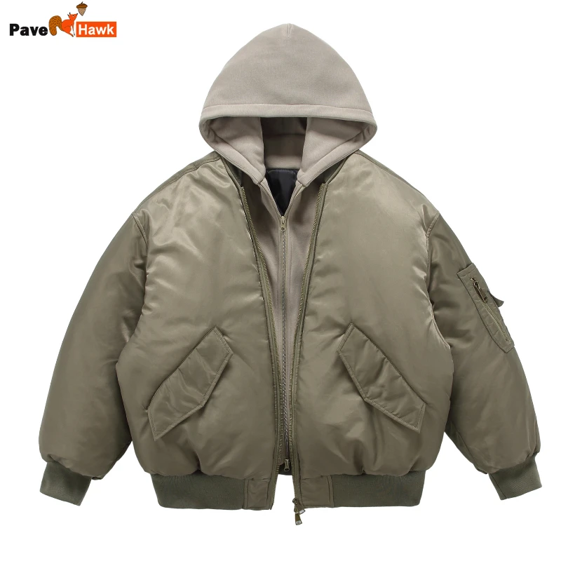 Fake Two Pilot Cotton Jackets Mens Winter New  High Street Trend Thickening Hooded Bomber Coats Multiple Pockets Short Parkas