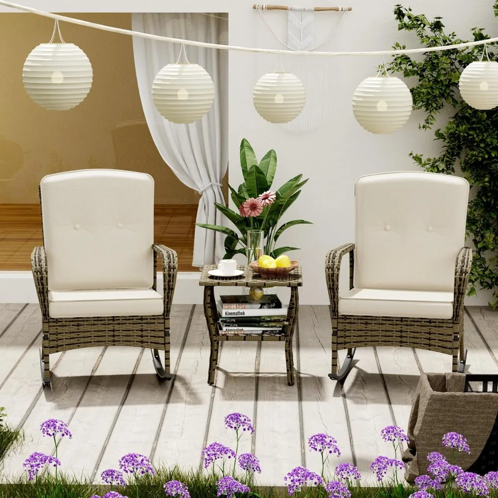 

3 Piece Patio Lounge Chair Set with Porch Chairs and Coffee Table,Wicker Bistro Set, Outdoor Rocking Chairs