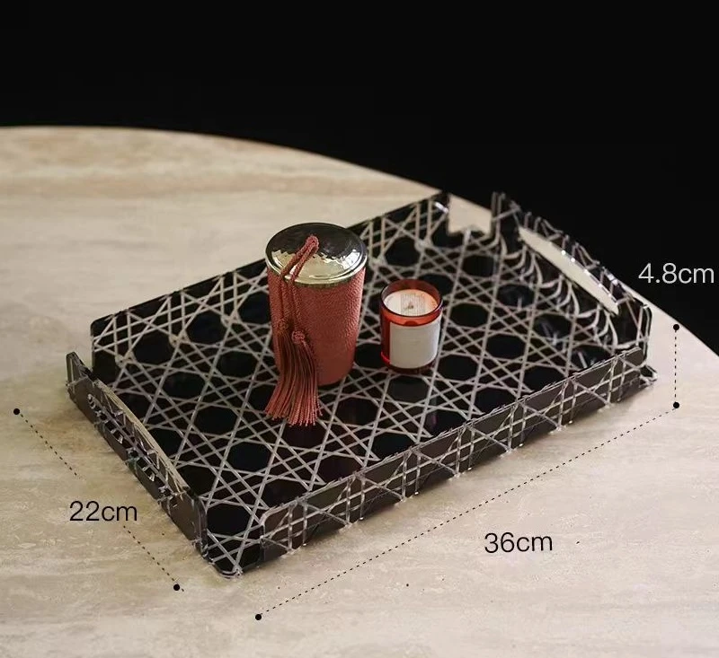 New French rattan plaid tray rectangular acrylic desktop tea cup storage tray light luxury high-end storage
