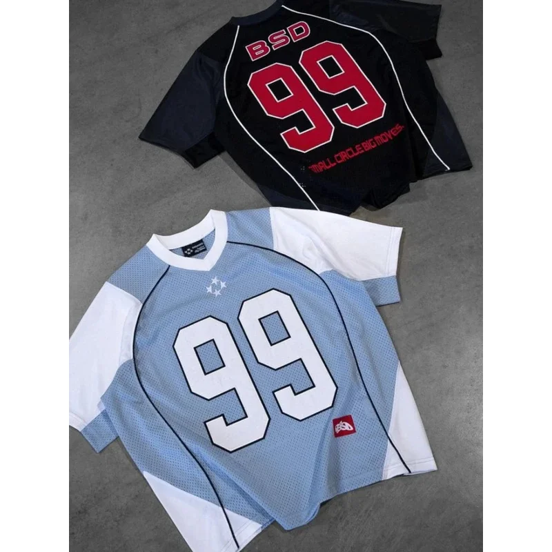 

Y2K Streetwear Mesh Splicing 99 Olive Clothing Mens Womens American Retro Sports High Street Bodybuilding Hip Hop Jersey T Shirt