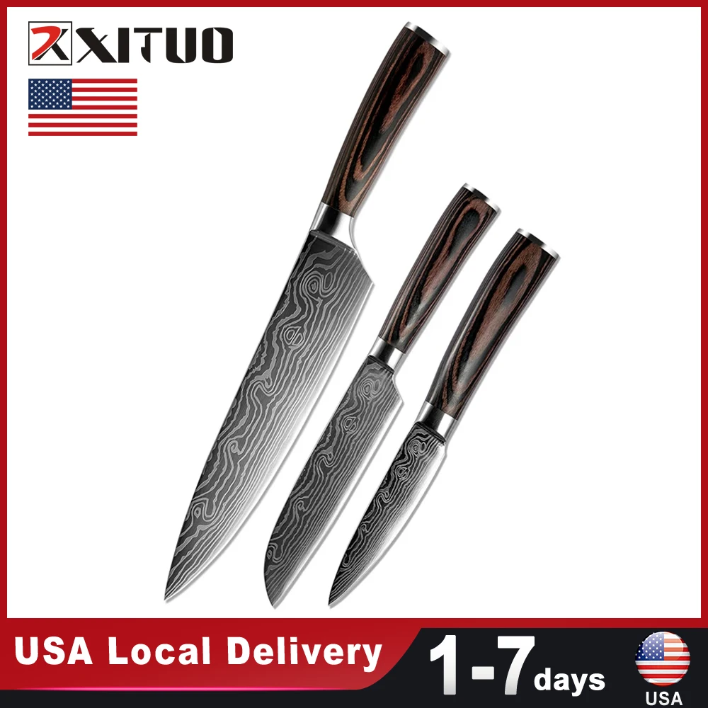 USA Warehouse Fast Shipping Stainless Steel 3PCS Set Kitchen Knife Wooden Handle Household Chef Knife Santoku Fruit Knife Sharp