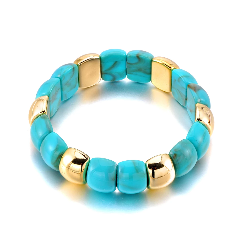 JeeMango Trendy Gold Color Acrylic Beaded Bracelets for Women Retro Resin Curved Beads Elastic Stackable Bangle Jewelry B25212