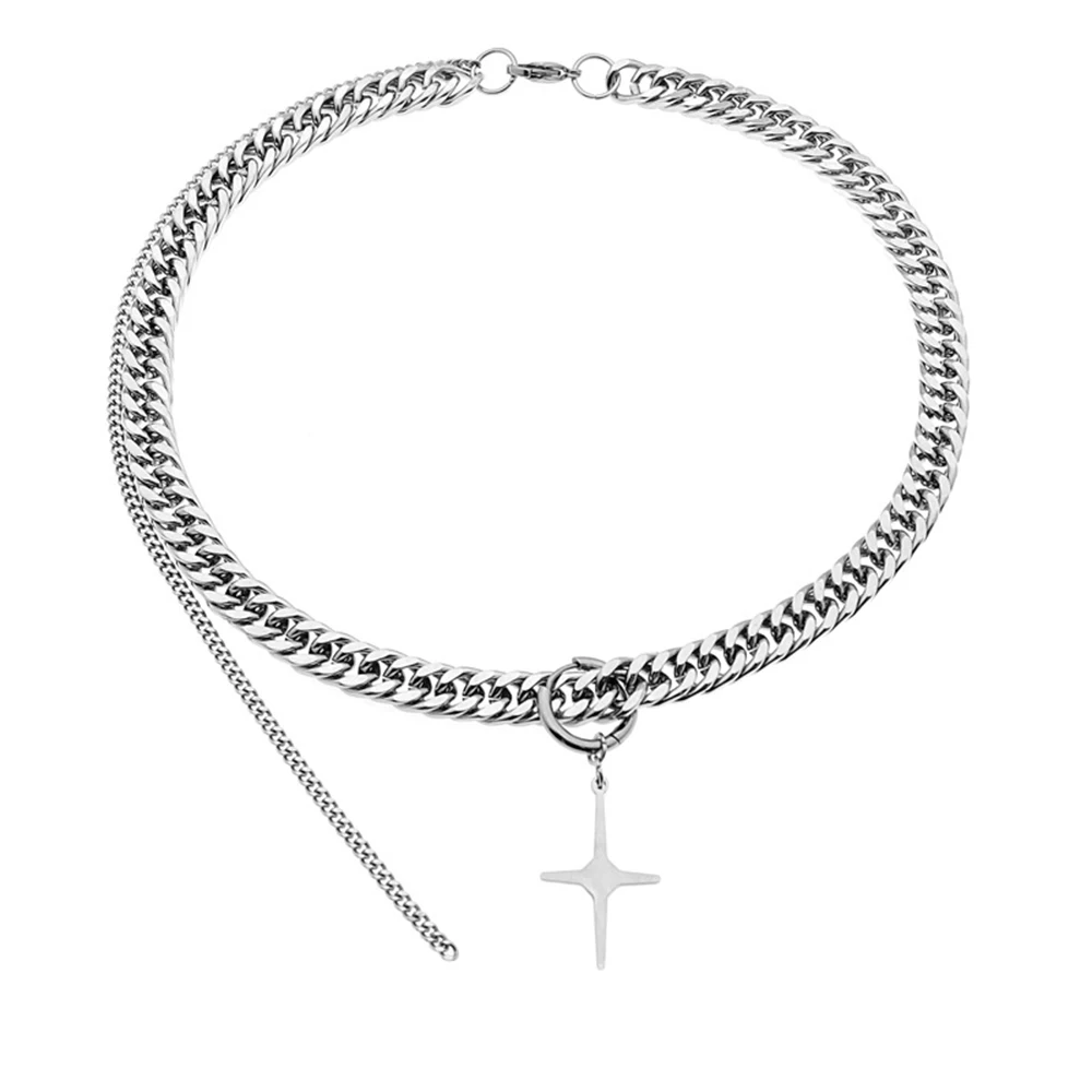 Hip-hop Tide Brand Silver Color Stainless Steel Thick Cuban Chain Cross Star Pendant Necklace Men Jewelry Punk Choker