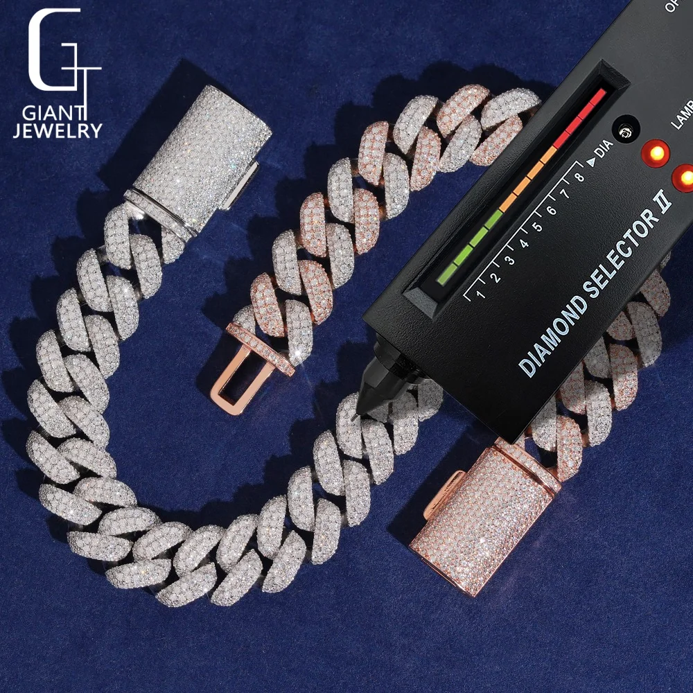 Two 16mm Tones Bracelet 925 Silver Chain Round Cut Diamond Bracelet Cuban Chain VVS Moissanite Chain Hiphop Jewelry Bracelets.