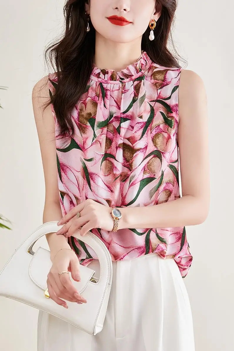 2023 Summer New Fashion Women Blouse Elegant Chiffon Sleeveless Ruffle Print Pullover V-Neck Top Office Lady Formal Shirts