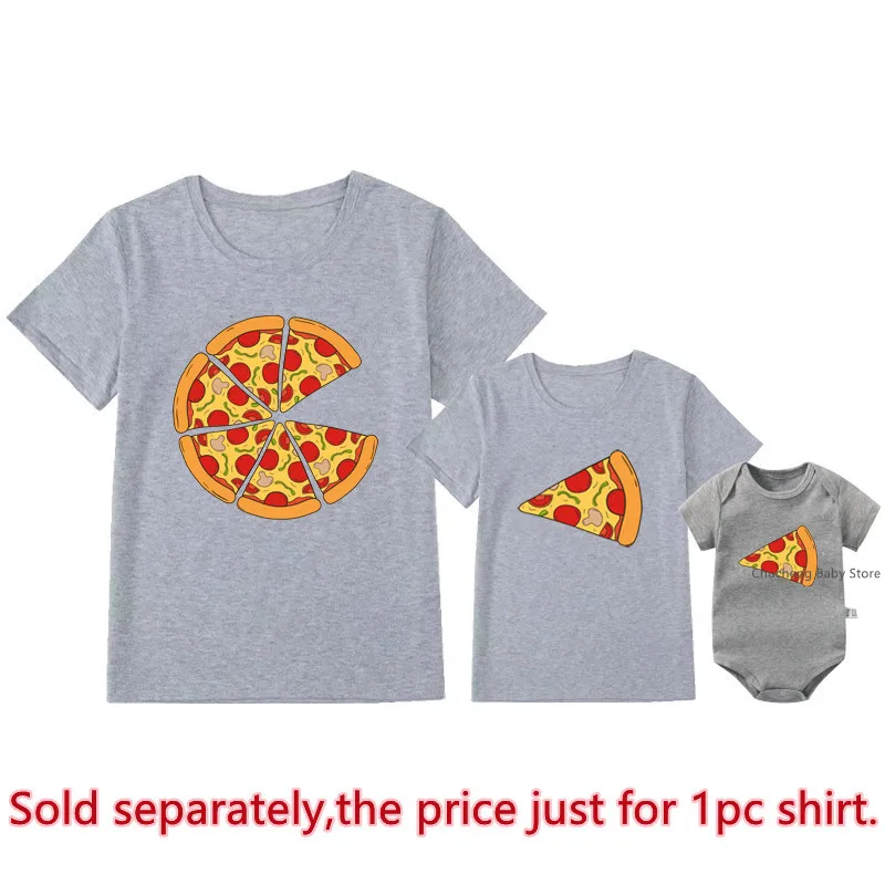 Funny Pizza and Pizza Slice Print Family Matching Shirts Cotton Dad and Daughter Son Kids Tshirts Baby Rompers Father\'s Day Gift