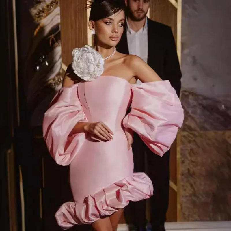 

Hot-Selling European and American Style Women's Clothing Strapless High-Waisted Lantern Sleeve Solid Color Short Dress