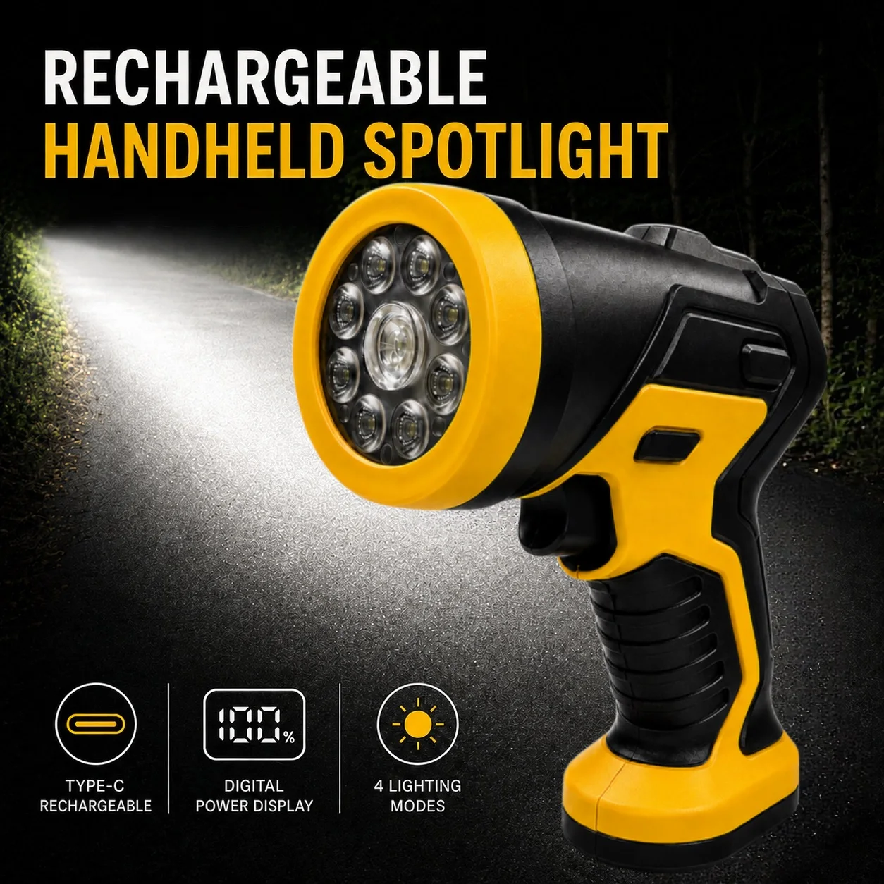 Pistol-Style High-Intensity Flashlight, Handheld Led Rechargeable Searchlight, 4 Lighting Modes, Long-Range/Floodlight/Combination Lighting/Strobe Modes, Digital Power Display, Type-C USB Charging, Portable Outdoor Lig