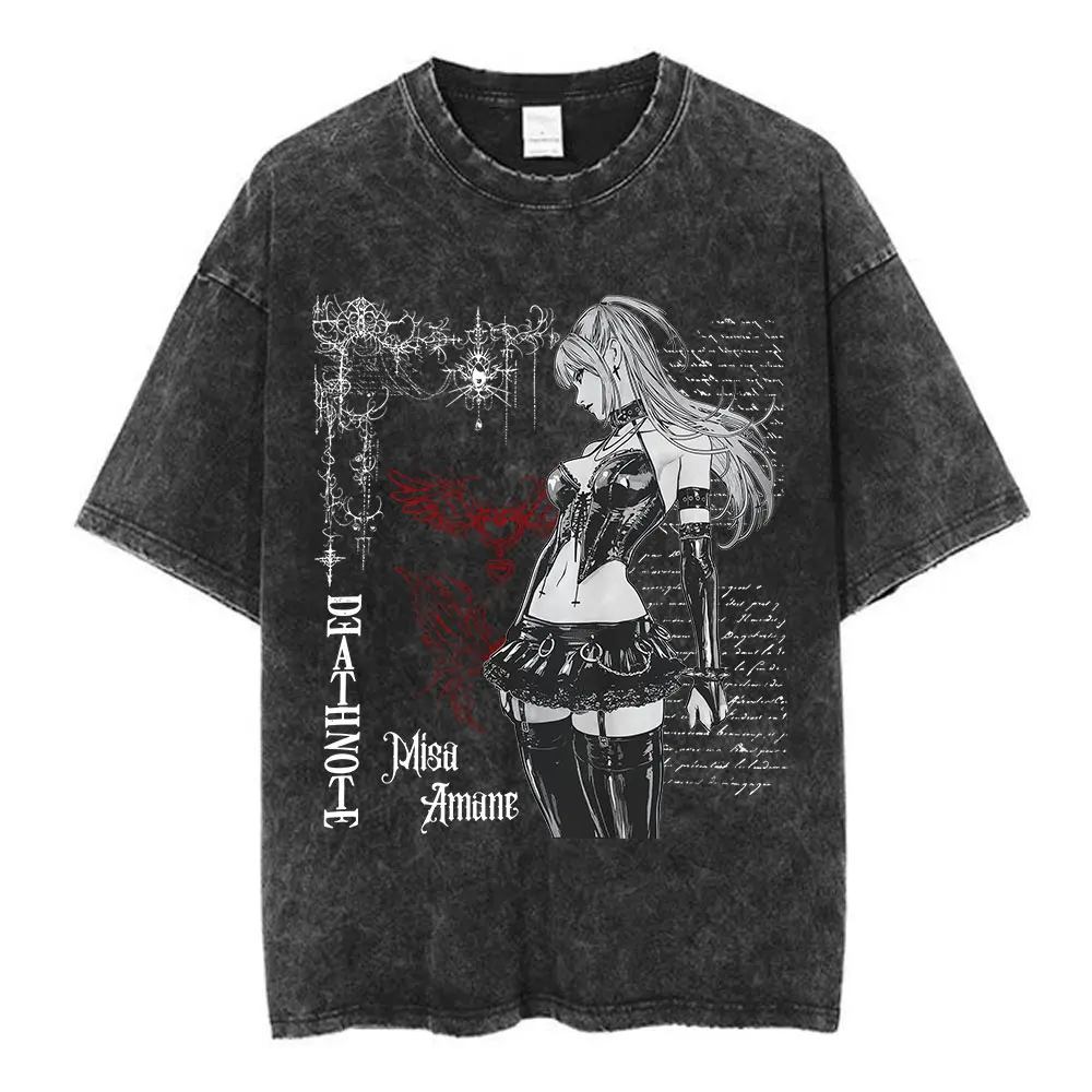 Vintage Washed Anime Death Note Misa Amane Print T-Shirts für Männer und Frauen, Baumwoll-Freizeit-T-Shirt, Modisches Kurzarm-T-Shirt