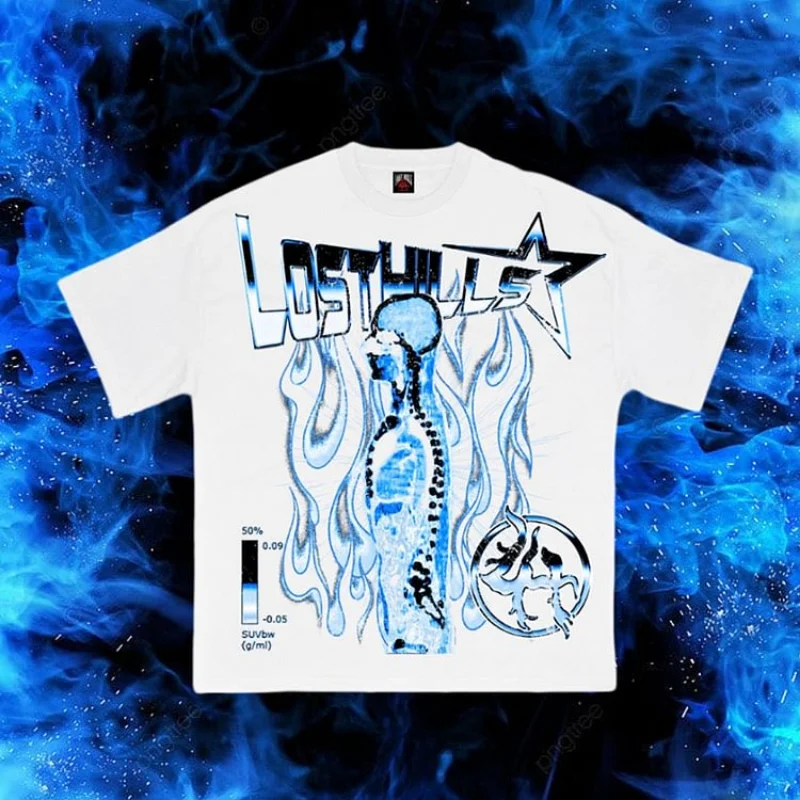 Lost In The Hills X Youngboy-Camiseta de algodón con gráficos de llama humana abstracta para hombre, camiseta Vintage de gran tamaño Y2K, ropa de calle, Tops para mujer