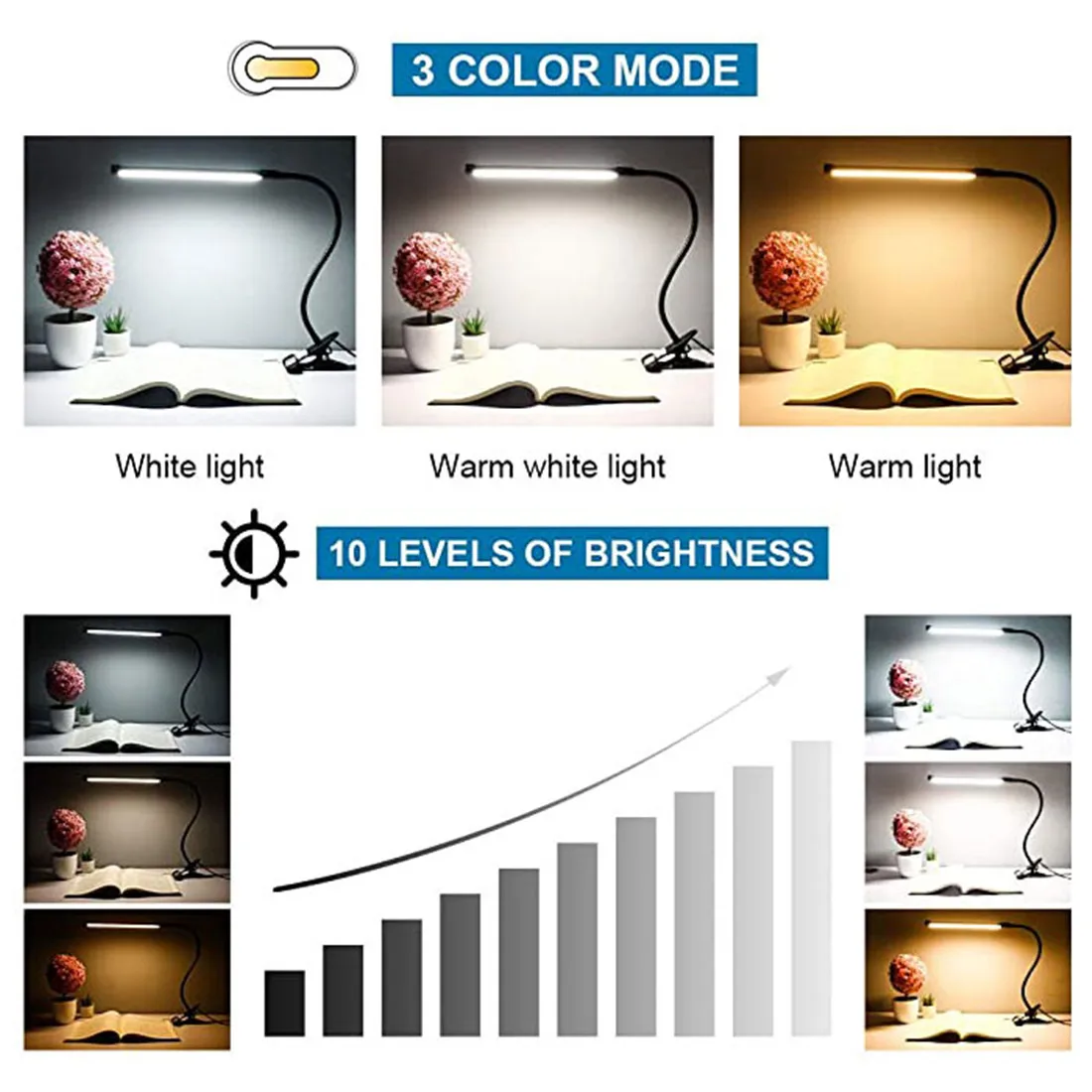 Imagem -04 - Clipe de Lâmpada de Mesa Led em Luzes de Leitura de Livro com Modos de Cor e Escurecimento de 10 Níveis para Cabeceira de Cama Mesa Iluminação de Tarefas