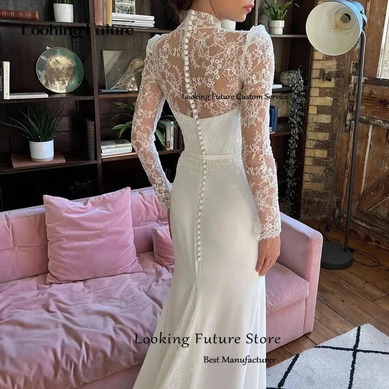 Elegant White Wedding Dress Sexy Lace Long Sleeves High Neck Wedding Gown Illusion Backless With Button Mermaid 2025 Customized