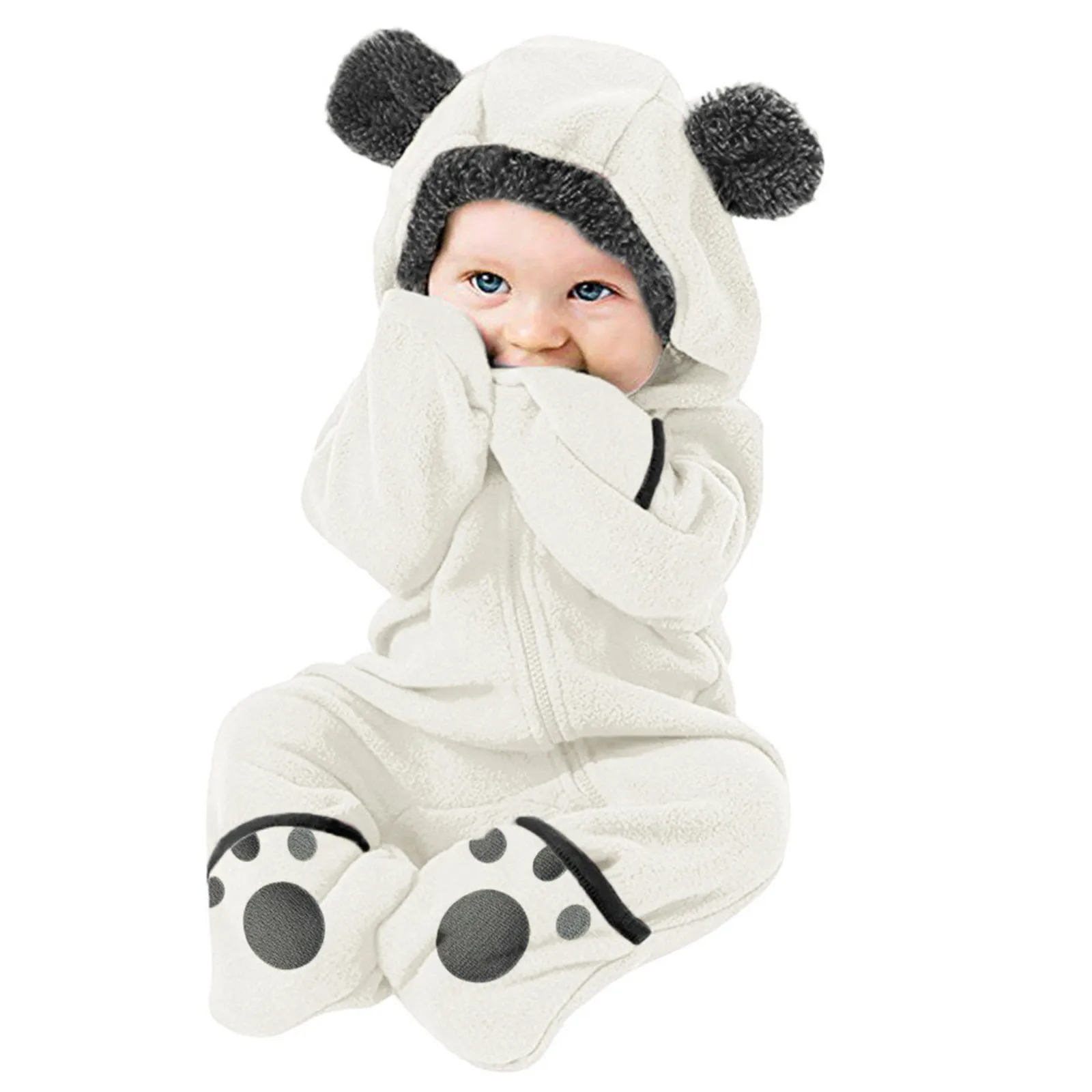 Cute Footies Newborn Clothes Baby Girl Boy Fuzzy Hooded Romper Winter Warm Baby Long Sleeve Bear Ears Zipper Jumpsuit 0-12 Month