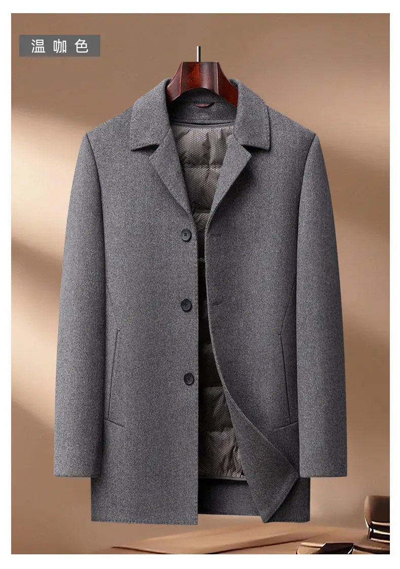 Klassischer Daunen-Wollmantel für Herren, Business-Casual Woll-Windbreaker, Pufferjacke, Dicke Warme Oberbekleidung, Wintermantel – Detail 16