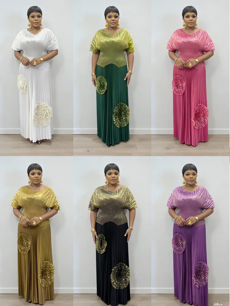 

2 Pieces Set Women Fashion Batwing Sleeve Tops Flowers A-Line Folds Skirt Pleated Outfits African Clothing Ankara Dashiki Suit