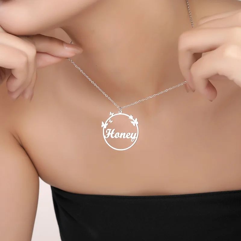 Lateefah Fashion Personalized Custom Name Stainless Steel Round  Wreath Butterfly Necklace