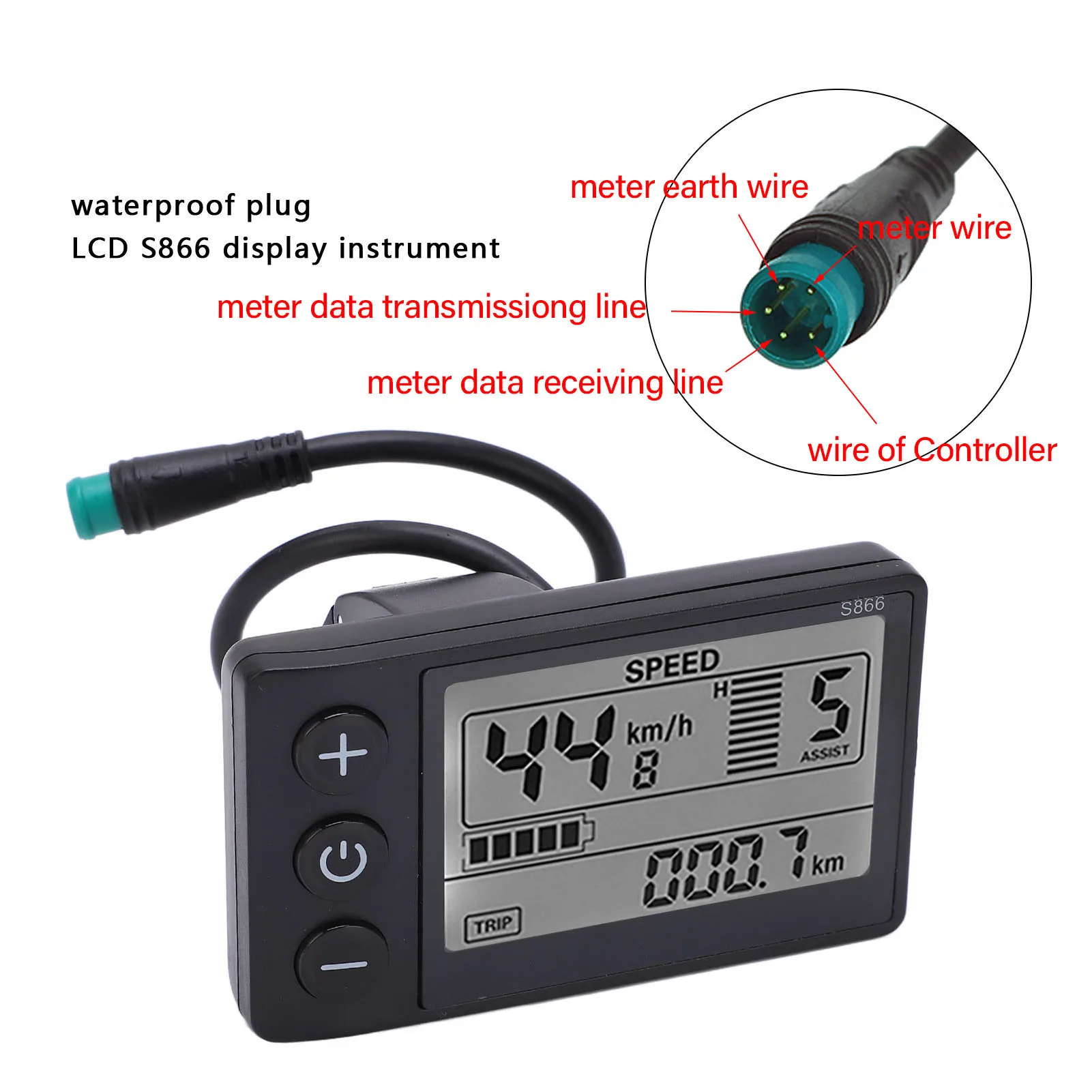 1pcs Electric S866 LCD Display Meter 24V 36V 48V Control Panel with Waterproof Plug Electric Bike LCD Display