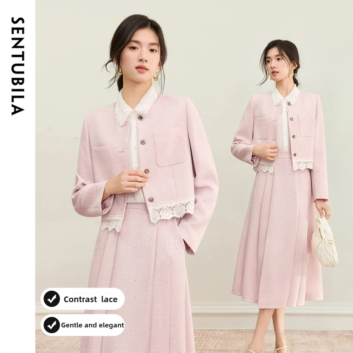

SENTUBILA Skirt Sets Lace-Paneled Round-Neck Short Jacket A-Line Pleated Skirt 2025 Autumn Woman Two-Piece Set Q53ZA3439