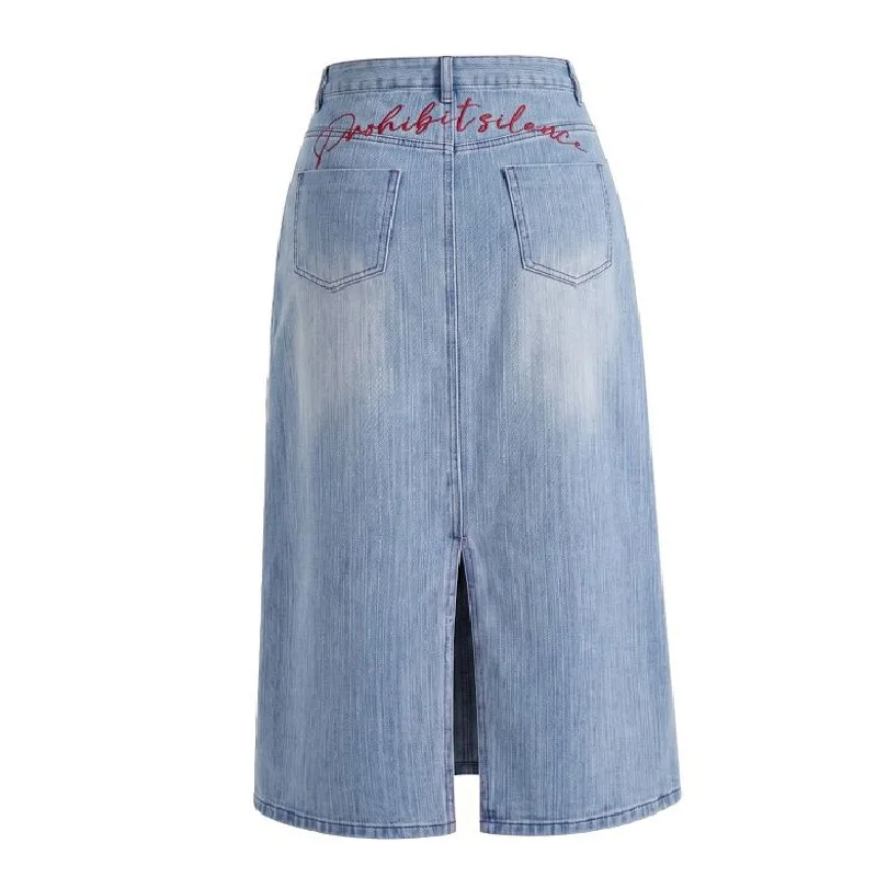 CHICATWILL French Elegant High Waist Denim Skirts Women Sexy Split Embroidery Letters A-Line Skirt Girls Casual Bottom Female