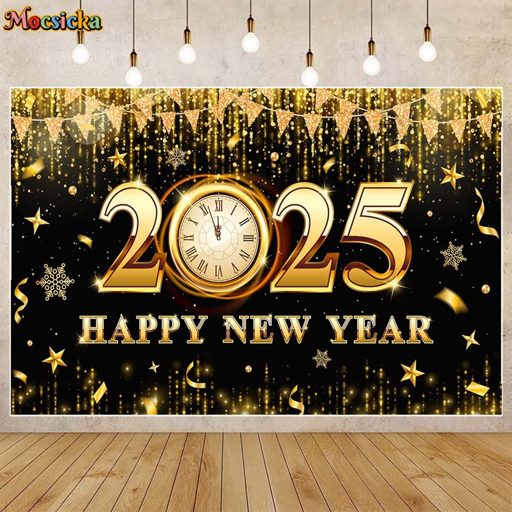 

Mocsicka 2025 Happy New Year Backdrops Photography Golden Glitter Sequins Clock New Year Eve Party Photo Background Decor Banner