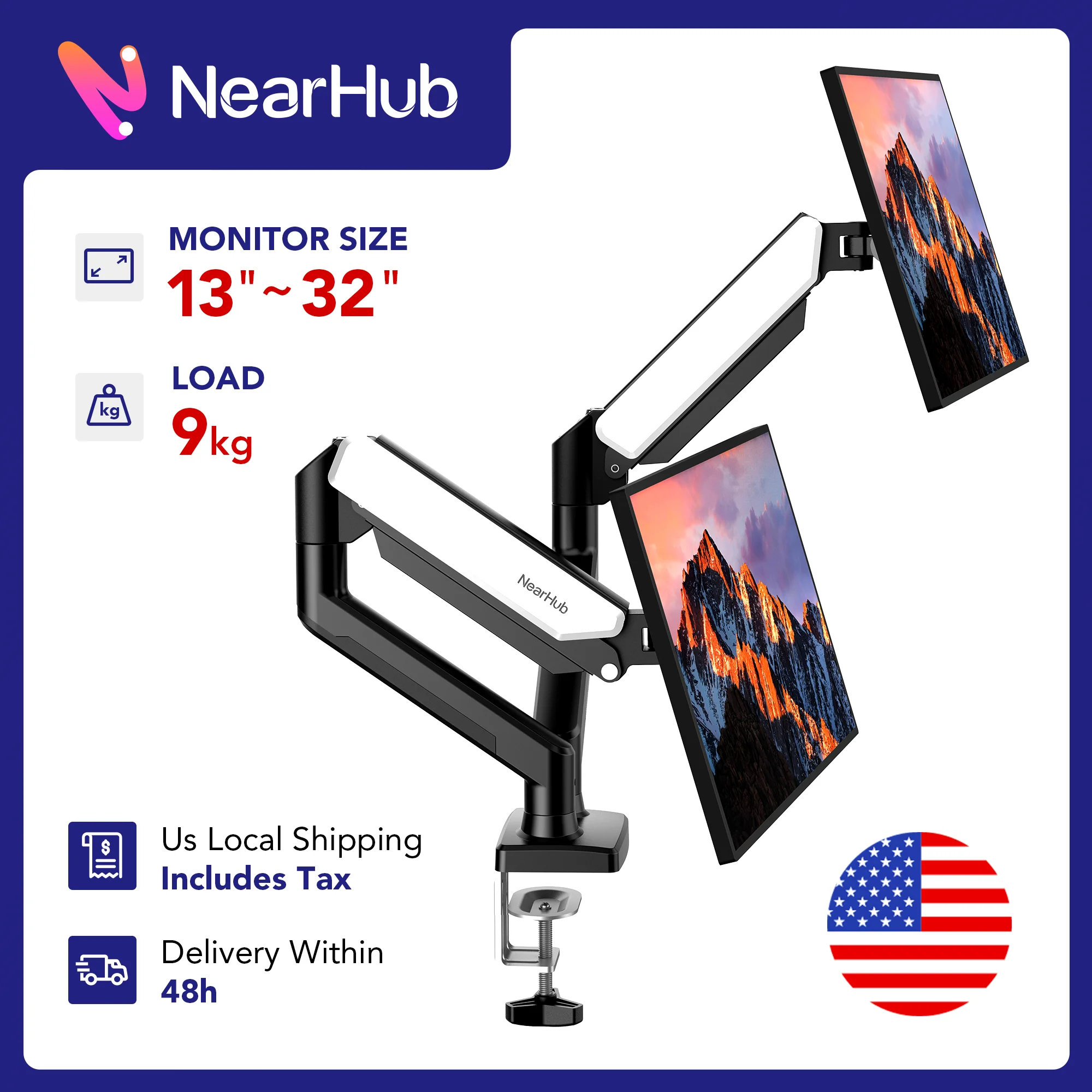 

Nearhub 13-32 Inch Dual Arm Monitor Stand Desk Computer With C-Clamp & Grommet Mount,Effortless Installation Dual Monitor Mount