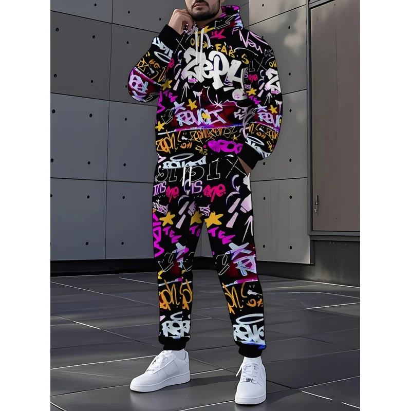 Street Graffiti Printed Hoodie Set With Fashionable Letter Patterns, 2 Pieces Of Fashionable Casual Sportswear, Neutral Hip-Hop